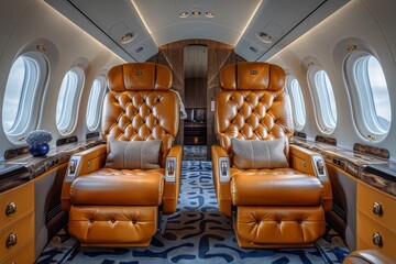 An expansive and plush interior cabin of a luxury jet featuring high-quality leather seats for a bespoke air travel experience