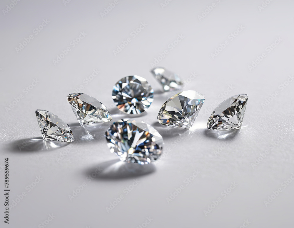 Poster several sparkling diamonds are displayed on a table, reflecting light and showcasing their brillianc