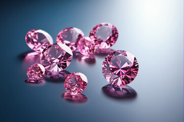 Several pink diamonds are arranged neatly on a table, reflecting light and showcasing their stunning color and clarity