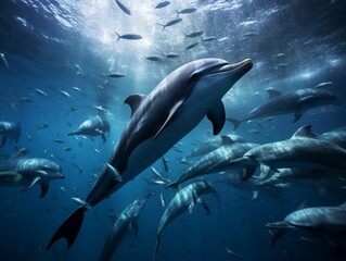  A group of dolphins move to corner a school of fish, demonstrating their hunting strategy and teamwork