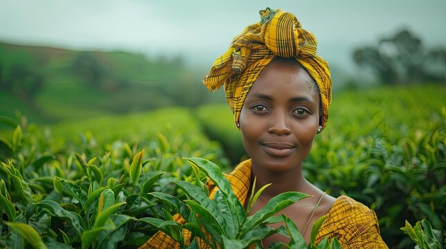 Portrait of a woman tea plucker smiling in Kericho's tea plantation.