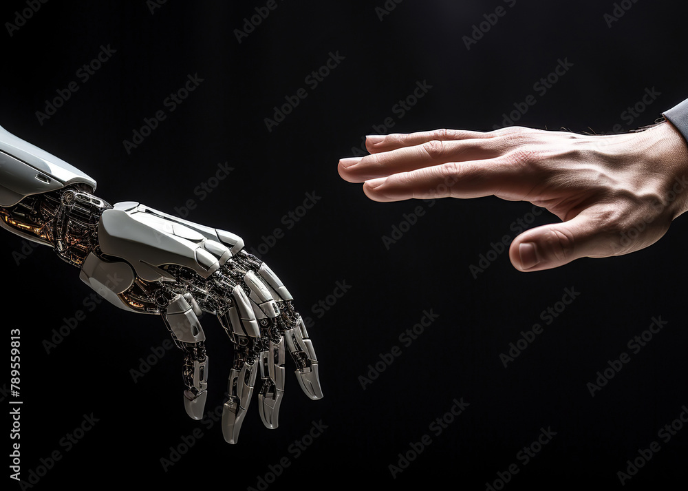Poster human hand and robot's as a symbol of connection between people. android concept of creation and int