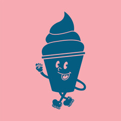 Fast food retro groovy cartoon character of ice cream goes on roller skates. Cartoon happy solid groovy vintage trendy food sticker.