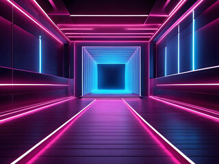 Abstract neon light geometric background. Glowing neon lines design. Empty futuristic stage laser. Colorful rectangular laser lines. Square tunnel. Night club empty room. Laser show design