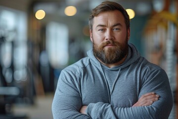 Fototapeta premium A serious-looking bearded man with arms crossed standing in a gym, implying determination and strength