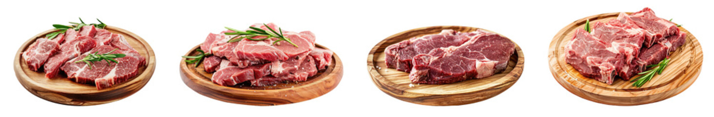 fresh raw meat on wooden plate isolated on white or transparent background png cutout clipping path