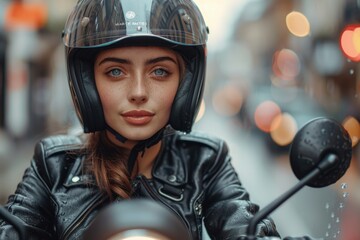 A focused woman wears a motorcycle helmet, leather jacket, city blurred in background