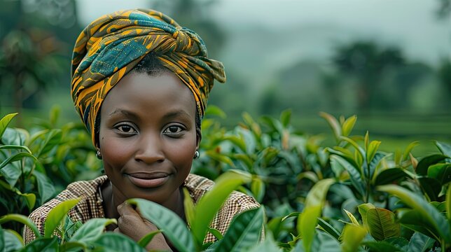 Portrait of a woman tea plucker smiling in Kericho's tea plantation.