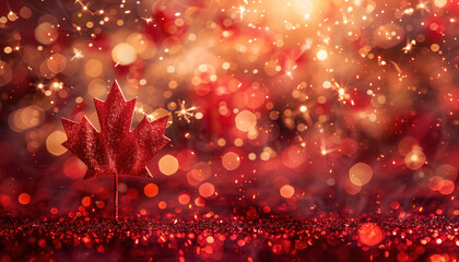 Glittering maple leaf symbolizing Canada Day amid celebratory lights background.
