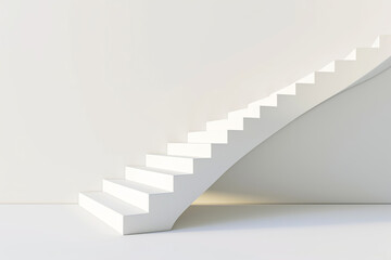 Obraz premium Stairway on white background. Perfect place for your products presentation. Room with stairs, grey wall background. Perspective view layout with platform, light from window.
