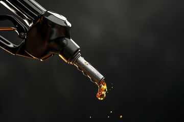 Black injector of gasoline, diesel, and gas injectors on a black background. Petroleum fuel pump design, pump head, oil drops.