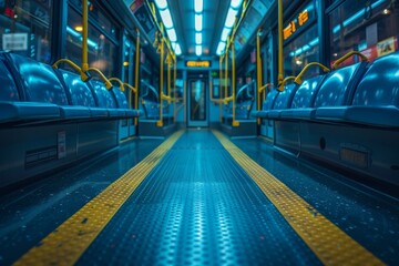 Fototapeta premium The perspective of an empty subway car with vivid blue seats, reflecting the quiet moments of city transportation