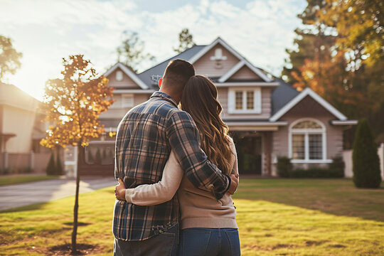 Young couple in front of their new home. Life style real estate concept. Family, age, home, real estate and people concept.