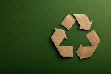 Recycling symbol cut out of kraft paper on green background, top view. Save planet, eco, recycling concept.