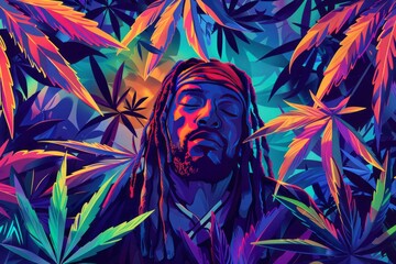 illustration of Rasta in the middle, surrounded in the style of cannabis plants, vibrant colors, high contrast, digital art style