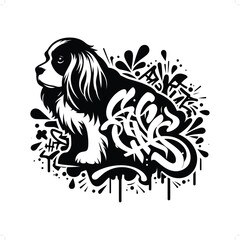 Cavalier Spaniel dog silhouette, animal graffiti tag, hip hop, street art typography illustration.
