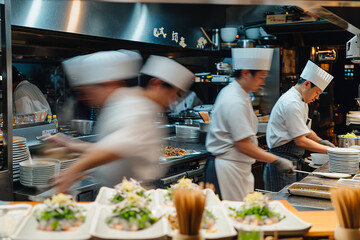 A chef is cooking in his restaurant's Japanese kitchen. Hotel Lobby Restaurant Lounge, Motion chefs of a restaurant kitchen.