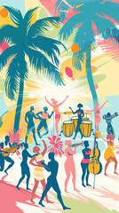 Colorful beach festival with musicians and dancers under tropical palms illustrated