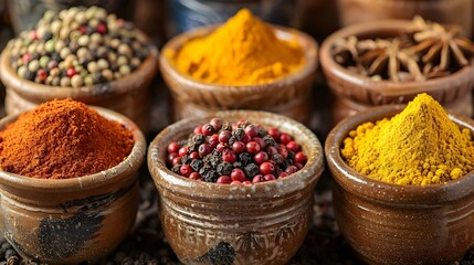 Assortment of Exotic Spices in Earthy Pots. Concept Exotic Spices, Earthy Pots, Kitchen Decor, Cooking Inspiration, Spice Collection - obrazy, fototapety, plakaty