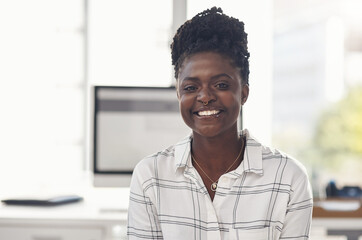 Business, smile and portrait of black woman in office for you, pride and career at creative...