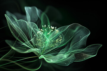 Neon green light flowers glowing with soft luminous energy. Abstract space futuristic background.