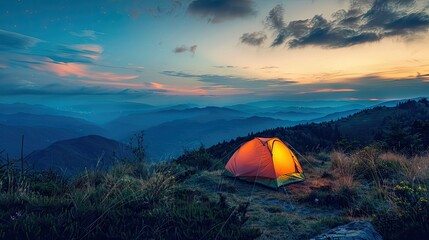 Fototapeta na wymiar Rainy evening in a tent, gazing at a bonfire and starry sky