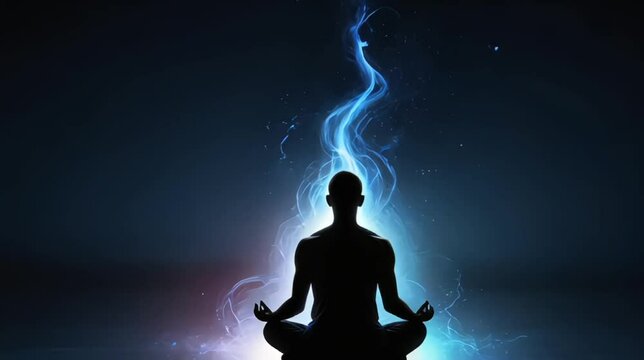 Silhouette man meditation with blue energy flow arround