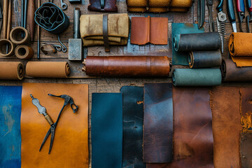 Selected pieces of beautifully colored or tanned leather on leather craftman's work desk. A small business of leather and canvas bags making. - Powered by Adobe
