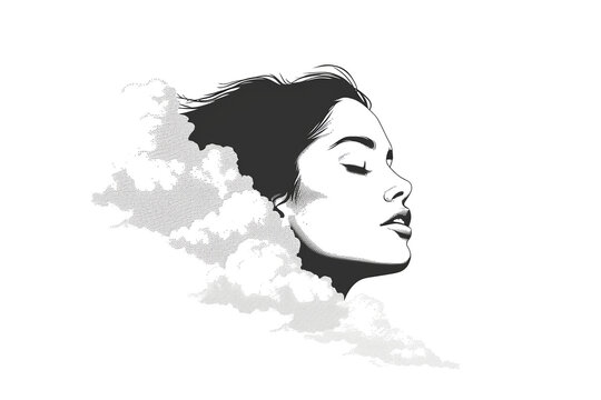 Young woman surrounded by cloud of smoke on white background, graphic design, minimalist stroke lines, black and white, abstract
