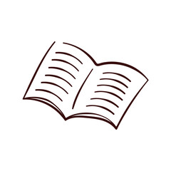 Open notebook with lined pages in line art style. Doodle logo for school study. Vector illustration isolated on a white background.