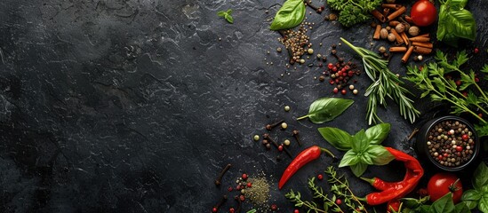 Top view of herbs and spices on a black stone background, with empty space for text.