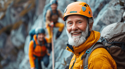 Portrait of an elderly man climbing the mountains with his family on the background. 