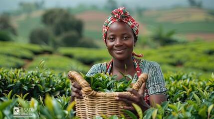 African women with wicker baskets handpicking green tea leaves.
