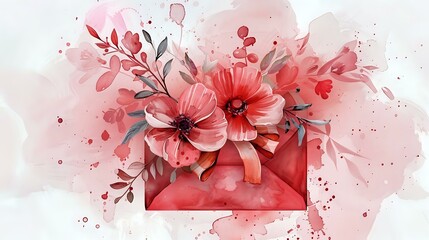 Whimsical Watercolor Floral Envelope with Satin Bow