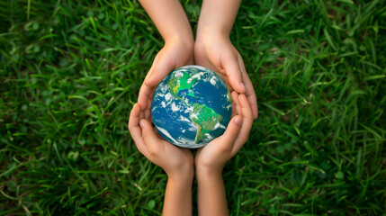 Children's hands hold the planet.