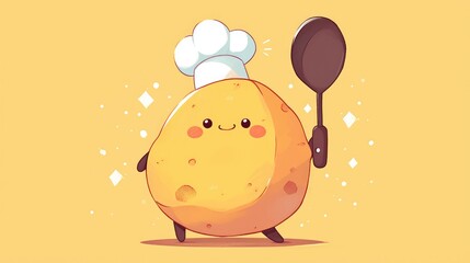 Picture a whimsical cartoon illustration featuring a chef potato proudly wielding a ladle spoon as the mascot for 2d