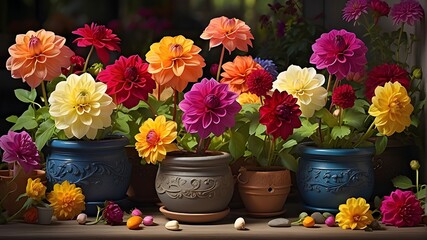  A photorealistic depiction of colorful dahlia flowers in small pots, showcasing a vibrant and lively gardening and flowering background. The image focuses on capturing the intricate details of the da