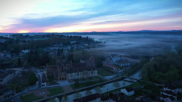 Aerial View of  Sunrise in Paray-le-Monial, Sa&ocirc;ne-et-Loire, France