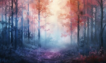 Create a captivating oil painting depicting a serene color transition of a mystical forest scene, elegantly portrayed from an eye-level viewpoint - obrazy, fototapety, plakaty