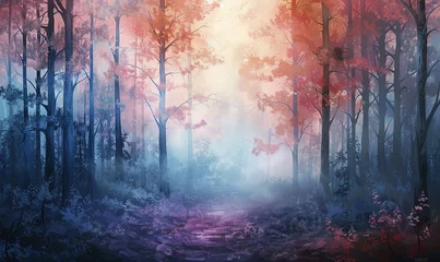 Foto op Aluminium Create a captivating oil painting depicting a serene color transition of a mystical forest scene, elegantly portrayed from an eye-level viewpoint © NookHok