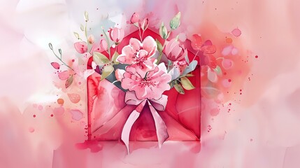 Vibrant Watercolor Floral Envelope with Satin Ribbon