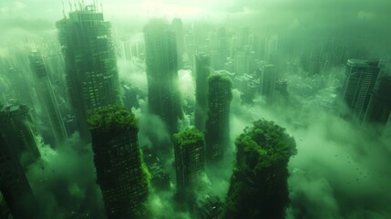 Urban Jungle, In a futuristic city overrun by concrete and pollution,  gardens and rooftop oases. Generated AI