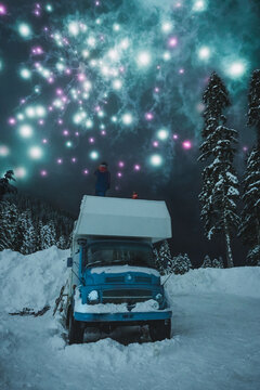 fireworks above camper van