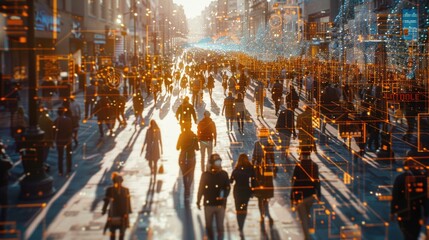 Bustling Urban Street at Sunset with People and Digital Overlay