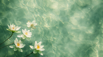 white water lily on the surface of the water on a light green background with a sunny color