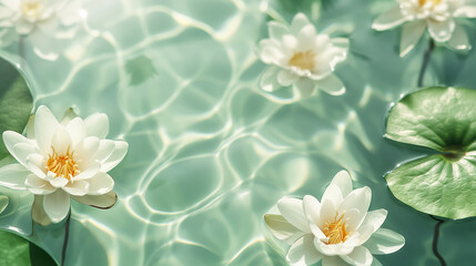 white water lily on the surface of the water on a light green background - obrazy, fototapety, plakaty