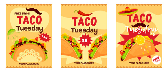 Taco Tuesdays template set. Delicious Tacos flyer with colorful cartoon elements. Mexican food backgrounds