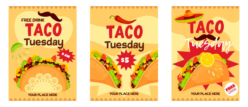 Taco Tuesdays template set. Delicious Tacos flyer with colorful cartoon elements. Mexican food backgrounds