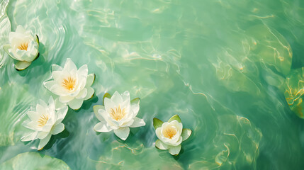 white lily buds on the water surface and waves on a light green background - obrazy, fototapety, plakaty