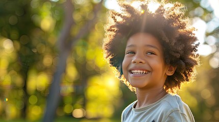 A little boy with a cheerful afro hairstyle laughs and relaxes. Experience the joy of childhood and weekend vibes.